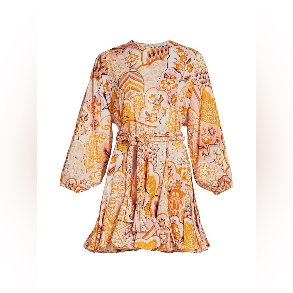 RHODE Ella Patchwork Floral Puff-Sleeve A-Line Dress Golden Wallflower, XS, NWT